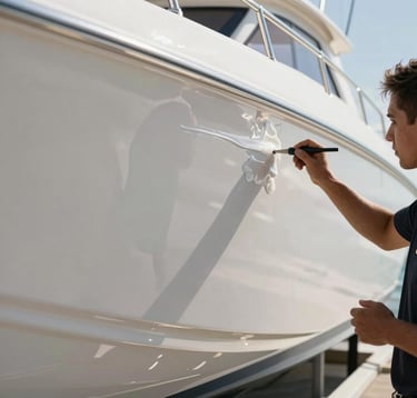 A close-up photograph of a skilled technician applying a high-gloss marine finish to a white yacht hull. The lighting is bright and clear, highlighting the mirror-like reflection on the fiberglass surface. Coastal Florida sunshine.