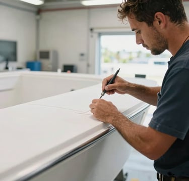 An intimate, professional shot of master craftsmen performing fiberglass restoration on a high-end vessel. The setting is a clean, bright marine facility in North American / US - Coastal Florida, focusing on skilled hands and premium materials.