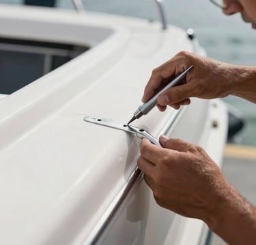 Close-up of a technician's hand performing a meticulous fiberglass repair on a white yacht hull. Professional workshop lighting, showcasing silver tools and precision craftsmanship in North American / US - Coastal Florida.