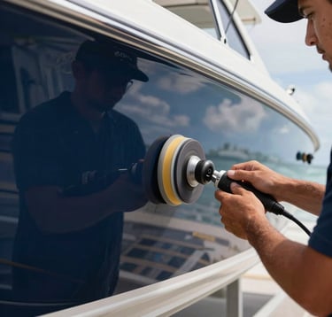 A side-profile shot of a technician using a rotary buffer on a dark navy blue boat hull. The polished surface reflects the bright Coastal Florida sky like a mirror. Professional marine detailing setup.