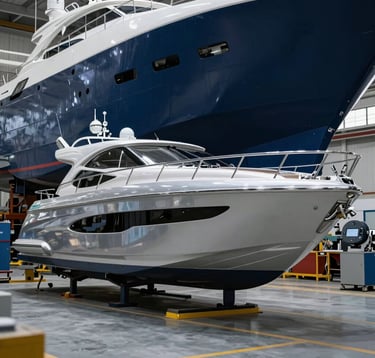 A luxury yacht in a professional shipyard setting being prepared for painting. The scene is clean, organized, and showcases high-end marine equipment. Soft silver and deep navy blue tones throughout the scene.