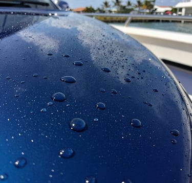 Macro photography of water droplets beading perfectly on a polished ocean blue yacht surface, demonstrating the hydrophobic protection of a ceramic coating. Natural outdoor lighting in Coastal Florida.
