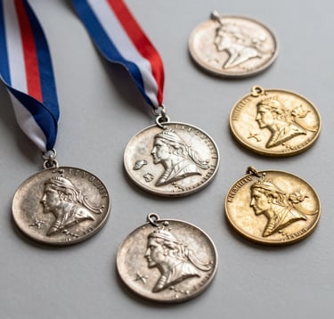 A close-up shot of several metallic silver and antique gold commemorative medals with elegant ribbons, displayed on a clean soft neutral gray background in a Spanish European industrial studio.