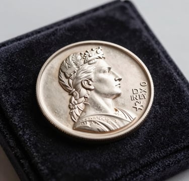 A professional close-up shot of a heavy, polished silver commemorative medal on a dark velvet cushion, dramatic side lighting highlighting the 3D relief and engraving, luxury presentation style in a Spanish / European studio.