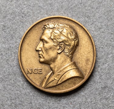 Top-down high-contrast photography of a commemorative medal in antique gold finish, showing intricate 3D engravings and a heavy metallic weight, placed on a clean grey stone surface.