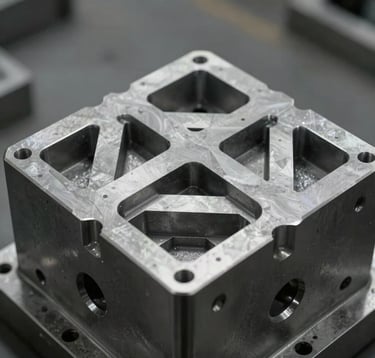 Detailed shot of a high-precision steel mold used for metal casting, showing intricate geometric patterns and a clean industrial aesthetic. Cool neutral lighting emphasizing the craftsmanship.