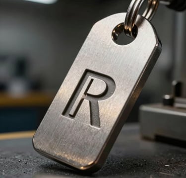 Close-up of a premium heavy-duty metal keychain with a brushed silver texture and deep engraved logo. The piece reflects subtle golden light. Background is a dark professional industrial workshop in Europe.