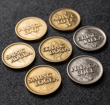 Macro photography of custom metal medals with antique gold and silver finishes, arranged elegantly on a dark charcoal textile. Soft high-contrast lighting highlighting the engraved typography and textures. Spanish luxury manufacturing aesthetic.