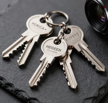 Macro photography of high-quality metal keychains with a brushed silver finish, arranged elegantly on a dark slate background, focused on the crisp engraving, luxury industrial aesthetic in a Spanish / European office setting.