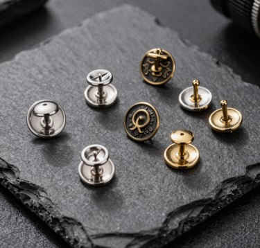 Group of custom metal pins with various finishes like metallic silver and antique gold, displayed on a dark grey slate surface. High contrast lighting creating sharp shadows. Luxury product presentation style.