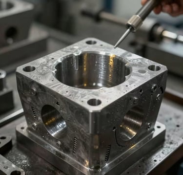 Close-up of a Spanish / European precision engineer examining a steel mold for metal casting in a high-end industrial workshop, subtle gold and silver metallic glints in the background.