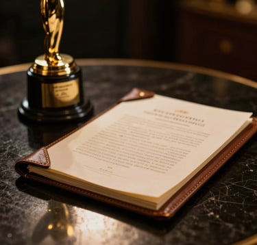 A refined, close-up shot of a golden film award trophy and an elegant leather-bound script sitting on a polished dark surface. The lighting is dramatic and moody, with reflections of #D4C1A5 gold on the #1A1C20 surface. The image exudes artistic depth and the gravitas of a distinguished career.
