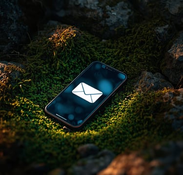An image of a phone laying in a grassy area with an email icon on the phone screen