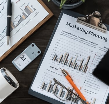 A compilation of a clipboard with marketing plans, glasses, two pens, and other office items