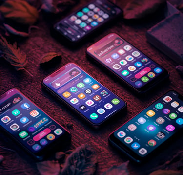 A picture of several cell phones, each displaying a lot of app icons on the screens