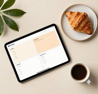Flat lay photography of digital café essentials on a light beige table. A tablet displaying beautiful, warm digital planners, a fresh croissant on a ceramic plate, a cup of dark espresso, and green foliage nearby. The composition is clean, modern, and inspiring, capturing the Global / Modern Urban Café Culture vibe with tones of sage green, warm tan, and soft cream.