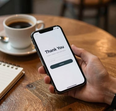 An inviting, close-up lifestyle photograph showing a hand holding a modern smartphone over a warm wooden table in a café. The smartphone screen shows a clean, minimalist 'Thank You' purchase confirmation design. On the table sits an empty coffee cup, a small notebook, and warm light reflecting the cozy, slow-paced atmosphere of Global / Modern Urban Café Culture, in shades of coffee brown, warm cream, and dark espresso.