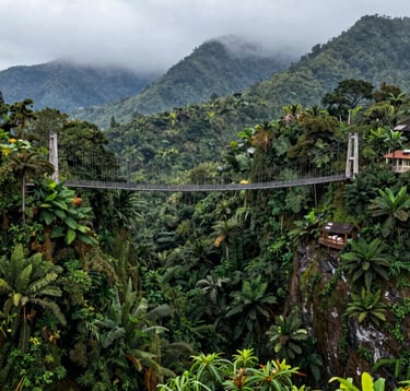 The world-record suspension bridge in Sukabumi spanning a deep jungle green valley, mist rolling over the mountains in the background, Southeast Asian / Indonesian highland setting.