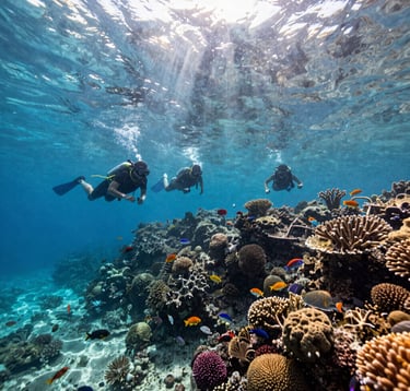 A bright and tropical photograph of a coral reef under clear Pale Seafoam water near Tidung Island. Sunlight pierces through the surface, illuminating colorful fish. A group of friends in snorkeling gear are visible in a Southeast Asian / Indonesian island environment.