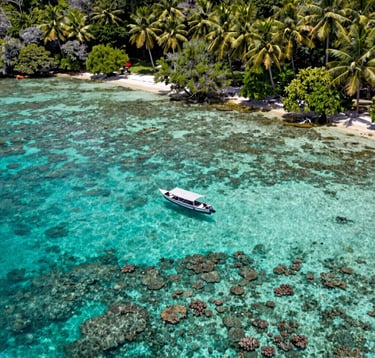 An overhead shot of a turquoise lagoon in the Thousand Islands (Kepulauan Seribu), showing a small boat floating over a vibrant coral reef, forest sage green palms on the shore, Southeast Asian / Indonesian tropical environment.