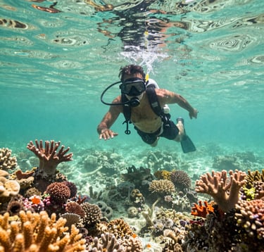 A vibrant travel photograph of snorkeling in the clear waters of Tidung Island, Kepulauan Seribu. A Southeast Asian / Indonesian guide shows colorful coral reefs to tourists. The water is a brilliant pale mint green under the bright tropical sun.