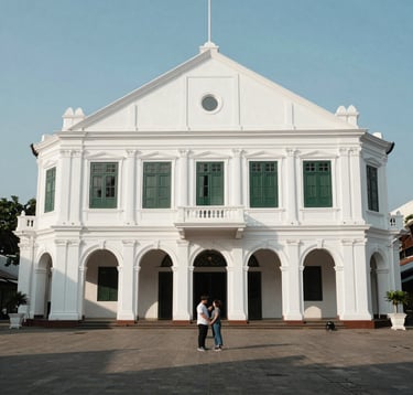 A high-end travel photograph of the historic Fatahillah Square in Kota Tua Batavia, Jakarta. A Southeast Asian / Indonesian couple is seen in the mid-ground. The architecture is colonial white (soft parchment) with dark forest green window frames, under clear, bright daylight.