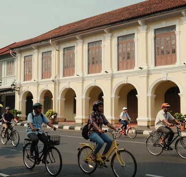 Vibrant street photography of Fatahillah Square in Jakarta's Kota Tua, featuring colonial-style architecture in forest sage and warm ivory, with people riding colorful vintage bicycles, Southeast Asian / Indonesian cultural setting.