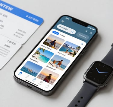 Close-up of a high-end smartphone displaying a travel content feed next to a minimalist watch and a boarding pass. Clean, professional desk setup with neutral lighting and #4A7B8E blue accents.