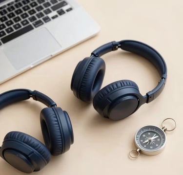 A flat-lay of professional travel tools: a sleek laptop, a pair of noise-canceling headphones, and a compass. Minimalist aesthetic, soft shadows, using the brand's sand and deep blue palette.