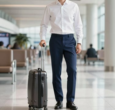 A faceless professional man in a crisp white shirt and navy trousers (#1E2B38) standing in a modern, sunlit airport lounge with a sleek leather suitcase. The background is slightly blurred, focusing on the sophisticated travel aesthetic. Minimalist and premium feel.