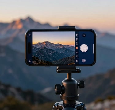 A close-up of a high-resolution smartphone mounted on a sleek tripod, capturing a breathtaking view of a mountain range at golden hour. The interface shows professional camera settings. Palette includes deep blue #1E2B38 and charcoal tones.