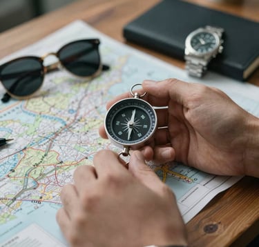 Close-up of a hand holding a high-end compass over a blurred map on a wooden table. A pair of sunglasses and a luxury watch are nearby. Sophisticated lighting. Professional, travel-inspired mood with #1E2B38 and #D2C9B0 accents.