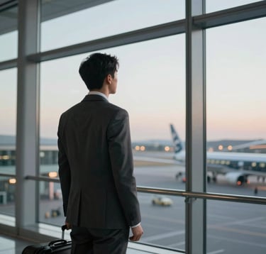 A faceless professional traveler in a modern, charcoal-colored suit looking out of a large glass window at an airport terminal at dawn. The scene is clean, sharp, and uses a refined palette including #1E2B38 and #F8F6F2.