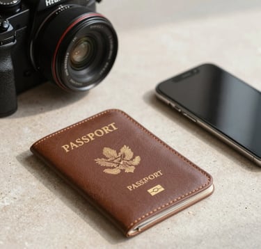 A close-up, minimalist shot of a high-end professional camera, a leather passport holder, and a smartphone resting on a clean, sand-colored stone surface. Soft, natural sunlight creates gentle shadows. The palette is refined and neutral, featuring charcoal and sand tones (#D2C9B0).