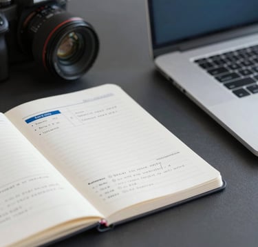 A professional desk setup featuring a camera lens, a notebook with strategy notes, and a sleek laptop. Lighting is soft and professional. Palette includes charcoal tones and brand blue #4A7B8E. Faceless imagery.