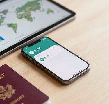 Close-up of a high-end smartphone and a digital tablet displaying analytics charts, placed on a light wood surface next to a passport. Clean, minimalist composition emphasizing technology and global travel. Incorporates brand colors #4A7B8E and #F8F6F2.