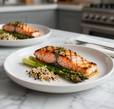 High-end culinary photography of a gourmet performance meal on a marble surface. Features grilled salmon, asparagus, and quinoa, presented with luxury plating. Soft natural morning light, North American domestic kitchen setting.