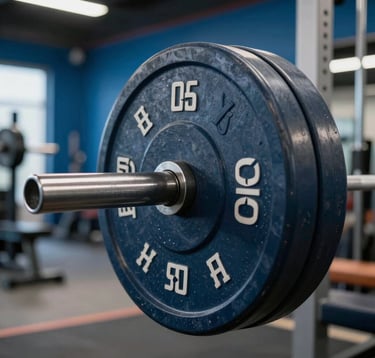 A close-up, high-detail photograph of high-end Olympic weightlifting plates on a barbell inside a luxury North American training facility. The lighting is dramatic, highlighting the texture of the steel and the dark navy and bright blue accents of the gym interior.
