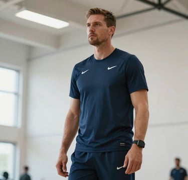A professional portrait of a male head coach with an athletic build, wearing premium navy training gear. He is standing in a brightly lit, modern North American gym with high ceilings and white walls. Aspirational and empowering tone.