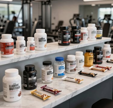A wide shot of a sleek nutrition bar within a premium fitness center. Professional-grade supplements and clean, glass-bottled elixirs are arranged neatly on off white marble counters. The environment is bright and disciplined, typical of an elite North American training center.