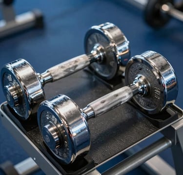 A close-up photograph of heavy chrome dumbbells resting on a leather-wrapped rack in a luxury North American gym. The background is a soft-focus deep blue, emphasizing the metallic texture and premium quality of the gear. Lighting is crisp and dramatic.