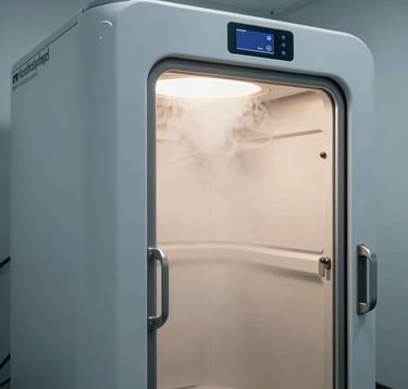 A close-up photography of a modern, professional cryotherapy chamber in a North American boutique gym. The chamber has a metallic light blue gray finish and digital displays. Soft mist escapes the door, illuminated by crisp off white lighting, creating a high-performance aesthetic.