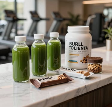 A sophisticated lifestyle shot of a high-end nutrition bar within a luxury fitness center. Clean glass bottles of fresh green juice and premium protein snacks are arranged on a white marble counter. Soft, bright natural light in a US-based setting.