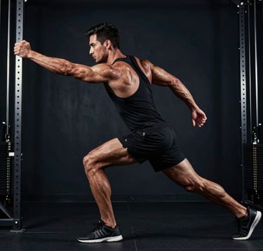 A powerful action shot of an athlete in mid-workout, focusing on form and discipline. The setting is a minimalist, luxury gym with dark navy walls and professional equipment. Lighting is low-key with a sharp rim light highlighting muscle definition. North American / US.
