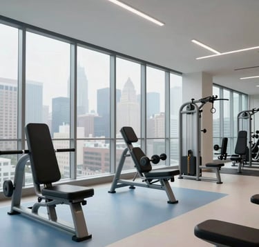 Professional architectural photography of a minimalist, high-end gym interior in the United States. Floor-to-ceiling windows show a blurred urban skyline, with modern, sleek strength equipment arranged perfectly on light blue and off-white flooring.