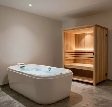 A serene, luxury recovery suite featuring a sleek modern ice bath and an infrared sauna made of light wood. The room has soft off-white walls and polished concrete floors. Minimalist North American interior design, calming atmosphere.