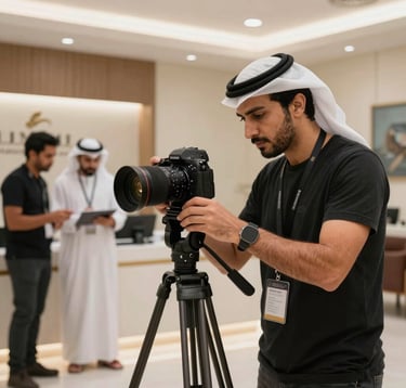 A professional real estate photographer in a Middle Eastern / Gulf luxury property, adjusting a camera on a tripod. Behind him, agency staff are planning social media content. The scene is professional and focused on institutional-grade output.