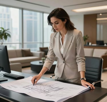 A candid shot of a professional woman in a chic, modest business outfit in a high-end Dubai office lounge. She is looking at architectural blueprints spread across a black desk. The atmosphere is calm, bright, and highly professional.