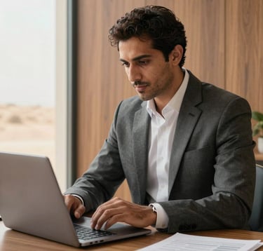 A close-up of a professional man in a tailored suit in a Middle Eastern office setting, reviewing property risk models on a sleek laptop. The environment is minimalist with warm wood textures and natural desert light coming through a large window.