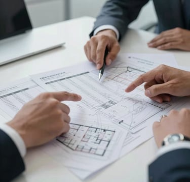 A close-up photograph of a professional planning session in a Middle Eastern / Gulf office. Hands are seen pointing to structured data reports and architectural maps on a desk. The lighting is bright and clean, reflecting a sophisticated transparency.
